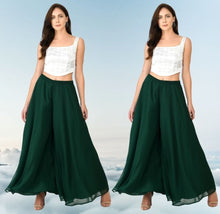 Generic Women's Pack of 2 Georgette Solid High Rise Wide Leg Flared Palazzos with Elastic Waist (Bottle Green)