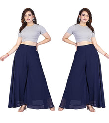 Generic Women's Pack of 2 Georgette Solid High Rise Wide Leg Flared Palazzos with Elastic Waist (Navy Blue)