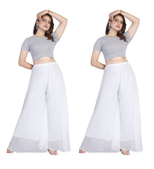 Generic Women's Pack of 2 Georgette Solid High Rise Wide Leg Flared Palazzos with Elastic Waist (White)