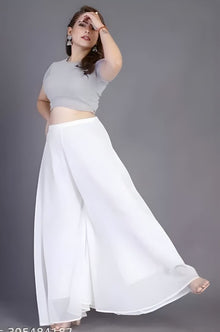 Generic Women's Pack of 2 Georgette Solid High Rise Wide Leg Flared Palazzos with Elastic Waist (White)