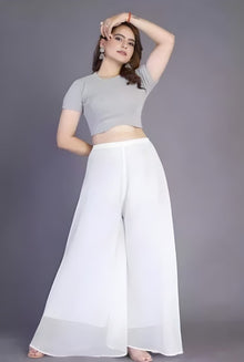 Generic Women's Pack of 2 Georgette Solid High Rise Wide Leg Flared Palazzos with Elastic Waist (White)