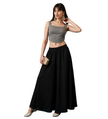 Generic Women's Georgette Solid Mid-Rise Wide Leg Flared Palazzo with Elastic Waist (Black)