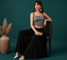 Generic Women's Georgette Solid Mid-Rise Wide Leg Flared Palazzo with Elastic Waist (Black)