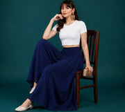 Generic Women's Georgette Solid Mid-Rise Wide Leg Flared Palazzo with Elastic Waist (Navy Blue)