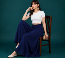 Generic Women's Georgette Solid Mid-Rise Wide Leg Flared Palazzo with Elastic Waist (Navy Blue)