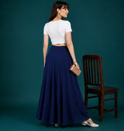 Generic Women's Georgette Solid Mid-Rise Wide Leg Flared Palazzo with Elastic Waist (Navy Blue)
