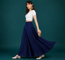 Generic Women's Georgette Solid Mid-Rise Wide Leg Flared Palazzo with Elastic Waist (Navy Blue)