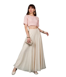 Generic Women's Georgette Solid Mid-Rise Wide Leg Flared Palazzo with Elastic Waist (Cream)