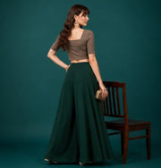 Generic Women's Georgette Solid Mid-Rise Wide Leg Flared Palazzo with Elastic Waist (Bottle Green)