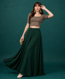 Generic Women's Georgette Solid Mid-Rise Wide Leg Flared Palazzo with Elastic Waist (Bottle Green)