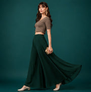Generic Women's Georgette Solid Mid-Rise Wide Leg Flared Palazzo with Elastic Waist (Bottle Green)
