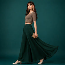 Generic Women's Georgette Solid Mid-Rise Wide Leg Flared Palazzo with Elastic Waist (Bottle Green)