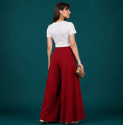 Generic Women's Georgette Solid Mid-Rise Wide Leg Flared Palazzo with Elastic Waist (Maroon)