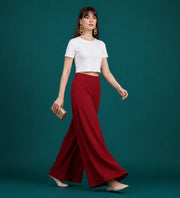 Generic Women's Georgette Solid Mid-Rise Wide Leg Flared Palazzo with Elastic Waist (Maroon)