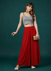 Generic Women's Georgette Solid Mid-Rise Wide Leg Flared Palazzo with Elastic Waist (Red)