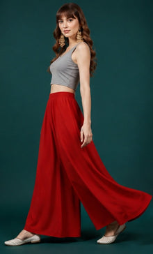 Generic Women's Georgette Solid Mid-Rise Wide Leg Flared Palazzo with Elastic Waist (Red)