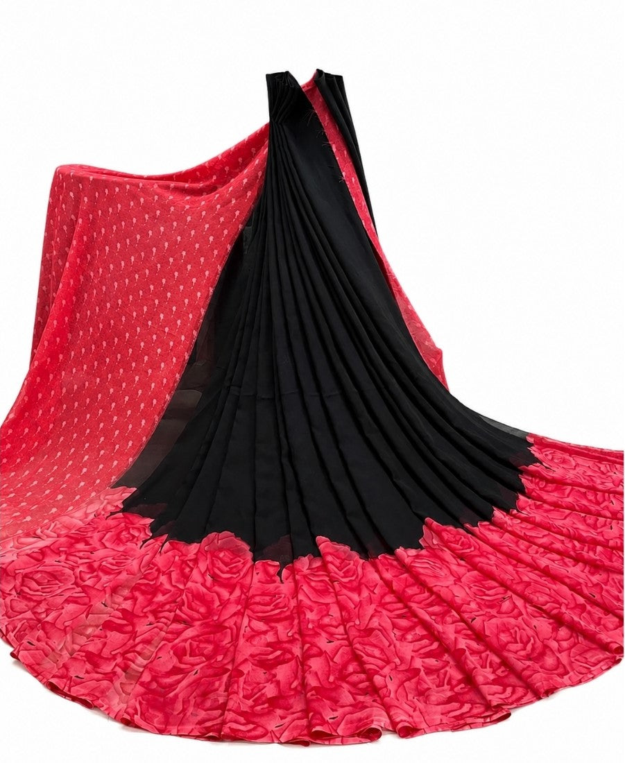 Generic Women's Georgette Printed Saree With Unstitched Blouse 5.5Mtr (Black-Dark Pink)