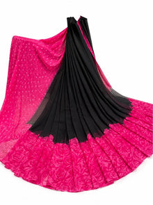 Generic Women's Georgette Printed Saree With Unstitched Blouse 5.5Mtr (Black-Pink)