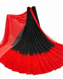 Generic Women's Georgette Printed Saree With Unstitched Blouse 5.5Mtr (Black-Red)