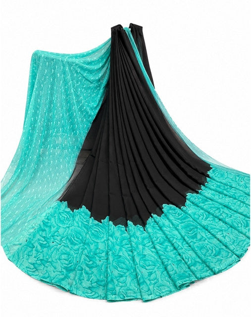 Generic Women's Georgette Printed Saree With Unstitched Blouse 5.5Mtr (Black-Turquoise)