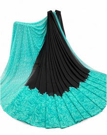 Generic Women's Georgette Printed Saree With Unstitched Blouse 5.5Mtr (Black-Turquoise)