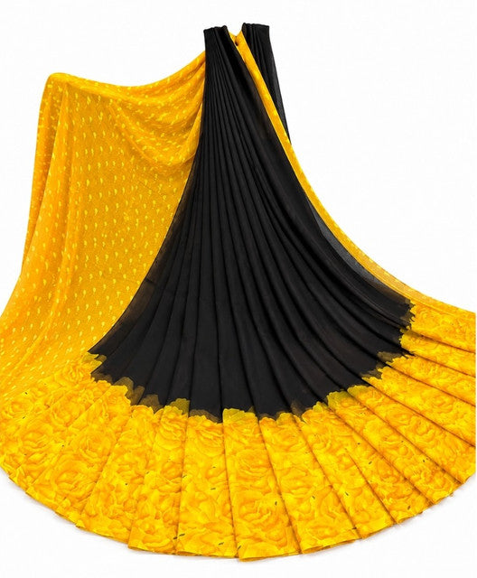 Generic Women's Georgette Printed Saree With Unstitched Blouse 5.5Mtr (Black-Yellow)