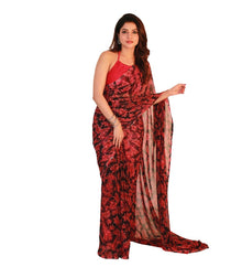 Generic Women's Georgette Printed Saree With Unstitched Blouse 5.5Mtr (Black-Red)