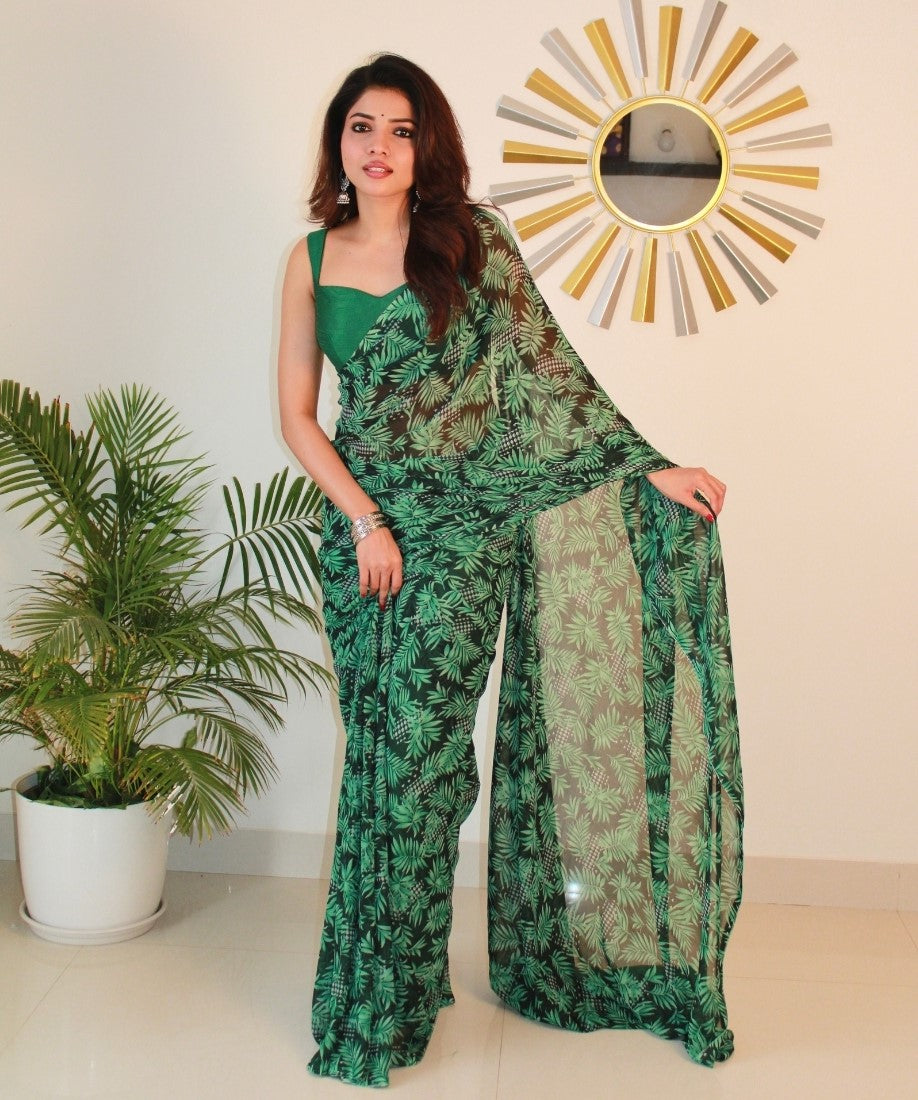 Generic Women's Georgette Printed Saree With Unstitched Blouse 5.5Mtr (Black-Green)