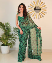 Generic Women's Georgette Printed Saree With Unstitched Blouse 5.5Mtr (Black-Green)