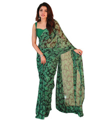 Generic Women's Georgette Printed Saree With Unstitched Blouse 5.5Mtr (Black-Green)