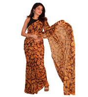 Generic Women's Georgette Printed Saree With Unstitched Blouse 5.5Mtr (Black-Yellow)
