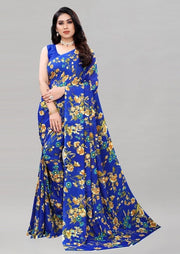 Generic Women's Georgette Floral Printed Saree With Unstitched Blouse 5.5Mtr (Royal Blue)