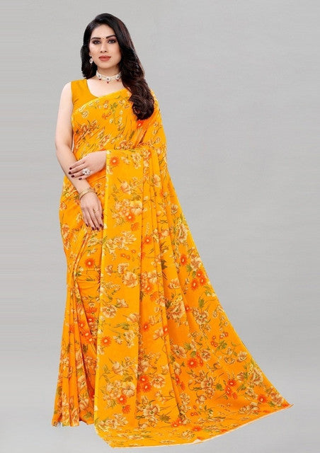 Generic Women's Georgette Floral Printed Saree With Unstitched Blouse 5.5Mtr (Yellow)