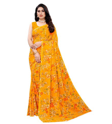 Generic Women's Georgette Floral Printed Saree With Unstitched Blouse 5.5Mtr (Yellow)