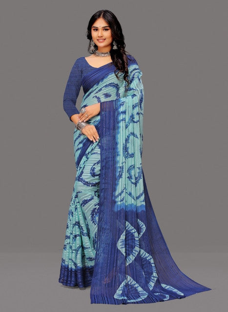 Generic Women's Georgette Striped Printed Saree With Unstitched Blouse 5.5Mtr (Blue)