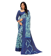 Generic Women's Georgette Striped Printed Saree With Unstitched Blouse 5.5Mtr (Blue)