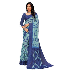 Generic Women's Georgette Striped Printed Saree With Unstitched Blouse 5.5Mtr (Blue)
