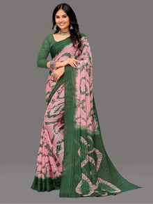 Generic Women's Georgette Striped Printed Saree With Unstitched Blouse 5.5Mtr (Pink-Green)
