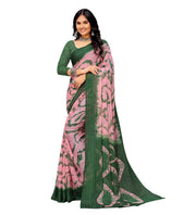 Generic Women's Georgette Striped Printed Saree With Unstitched Blouse 5.5Mtr (Pink-Green)
