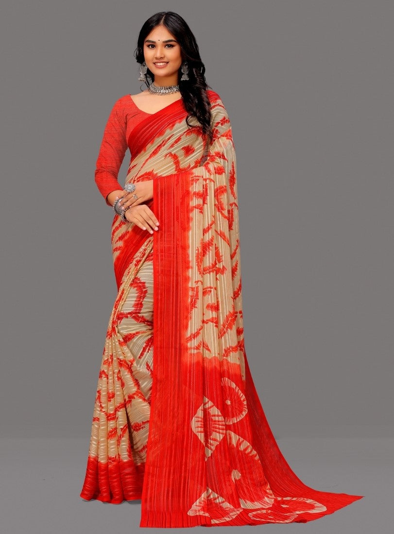 Generic Women's Georgette Striped Printed Saree With Unstitched Blouse 5.5Mtr (Red-Beige)