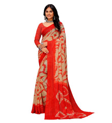 Generic Women's Georgette Striped Printed Saree With Unstitched Blouse 5.5Mtr (Red-Beige)