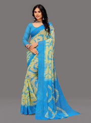 Generic Women's Georgette Striped Printed Saree With Unstitched Blouse 5.5Mtr (Blue-Pale Yellow)