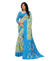 Generic Women's Georgette Striped Printed Saree With Unstitched Blouse 5.5Mtr (Blue-Pale Yellow)