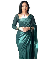 Generic Women's Georgette Solid Saree With Unstitched Blouse 5.5Mtr (Dark Green)
