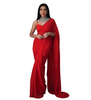 Generic Women's Georgette Solid Saree With Unstitched Blouse 5.5Mtr (Red)