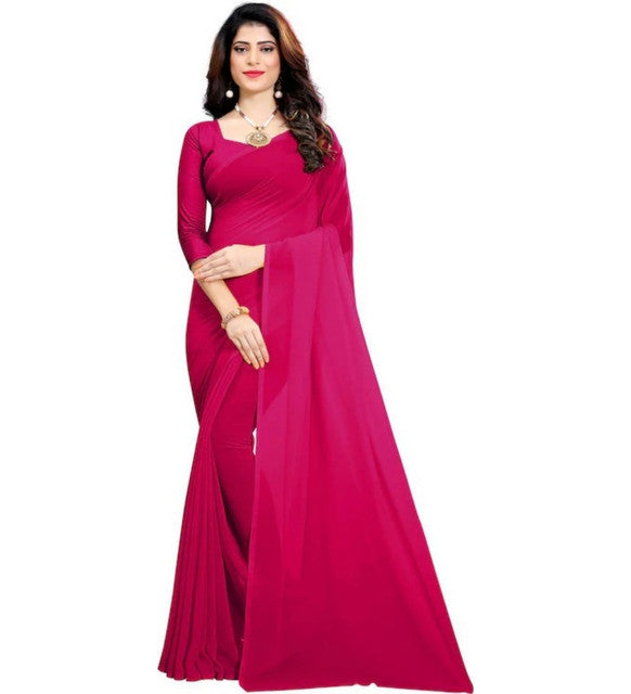 Generic Women's Georgette Solid Saree With Unstitched Blouse 5.5Mtr (Pink)