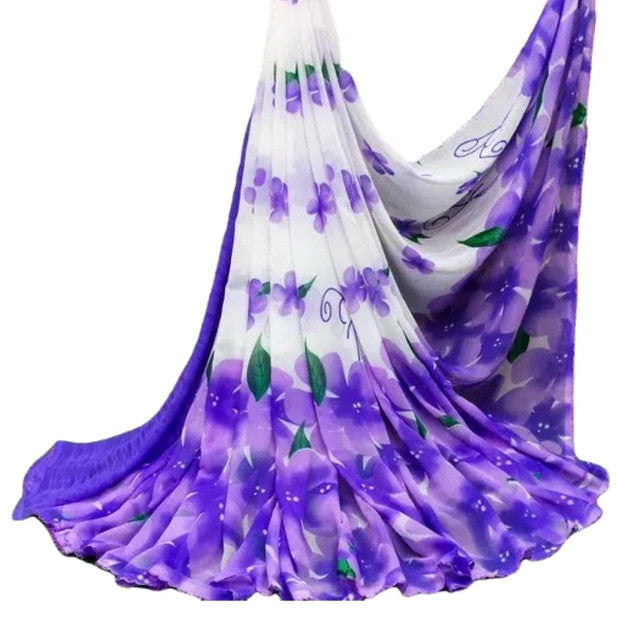 Generic Women's Georgette Floral Printed Saree With Unstitched Blouse 5.5Mtr (White-Purple)