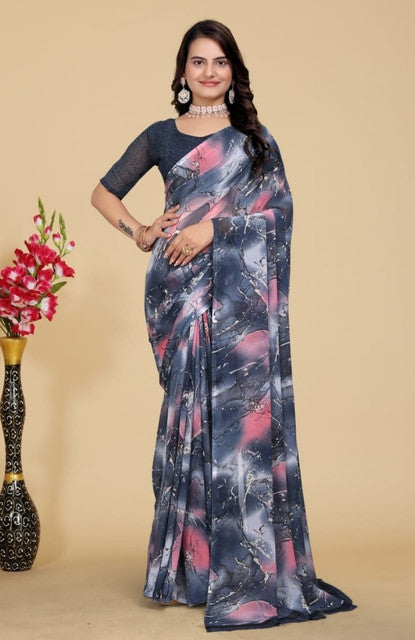 Generic Women's Georgette Printed Saree With Unstitched Blouse 5.5Mtr (Grey-Pink)
