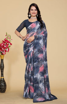 Generic Women's Georgette Printed Saree With Unstitched Blouse 5.5Mtr (Grey-Pink)