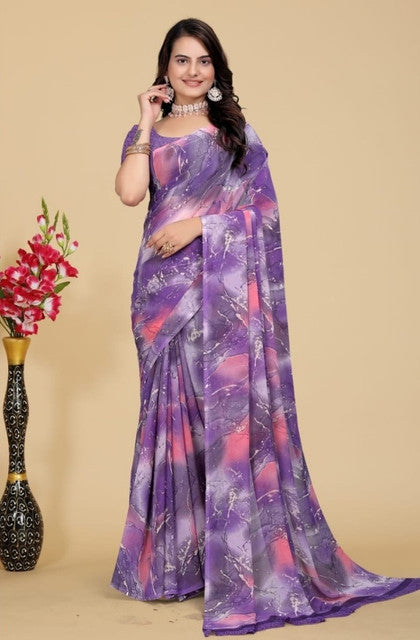 Generic Women's Georgette Printed Saree With Unstitched Blouse 5.5Mtr (Purple-Pink)